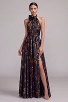 Load image into Gallery viewer, Black A Line Halter Pleated Long Formal Dress with 3D Flower