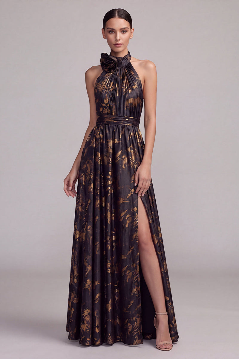 Load image into Gallery viewer, Black A Line Halter Pleated Long Formal Dress with 3D Flower