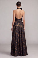 Load image into Gallery viewer, Black A Line Halter Pleated Long Formal Dress with 3D Flower