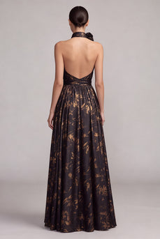 Black A Line Halter Pleated Long Formal Dress with 3D Flower