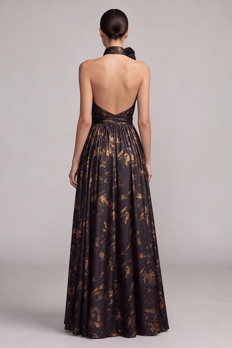 Load image into Gallery viewer, Black A Line Halter Pleated Long Formal Dress with 3D Flower