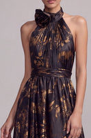 Load image into Gallery viewer, Black A Line Halter Pleated Long Formal Dress with 3D Flower