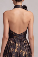 Load image into Gallery viewer, Black A Line Halter Pleated Long Formal Dress with 3D Flower
