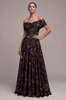 Load image into Gallery viewer, Floral A Line Black Off the Shoulder Ruched Long Formal Dress