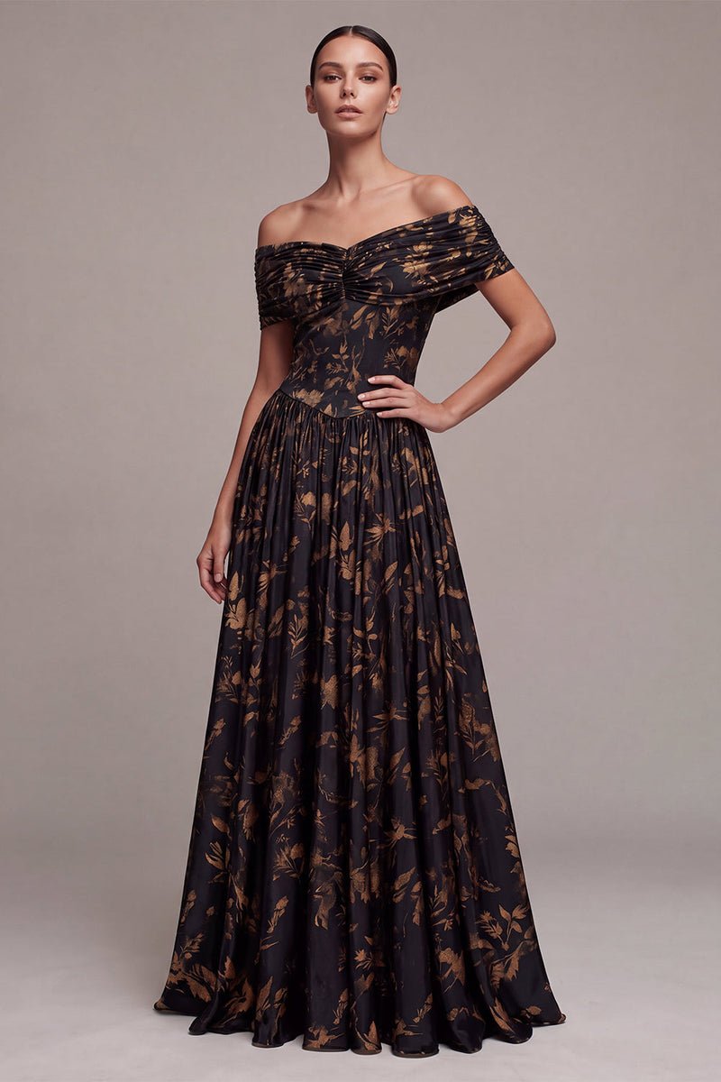 Load image into Gallery viewer, Floral A Line Black Off the Shoulder Ruched Long Formal Dress