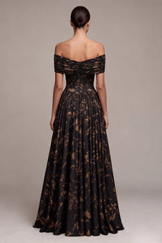 Floral A Line Black Off the Shoulder Ruched Long Formal Dress