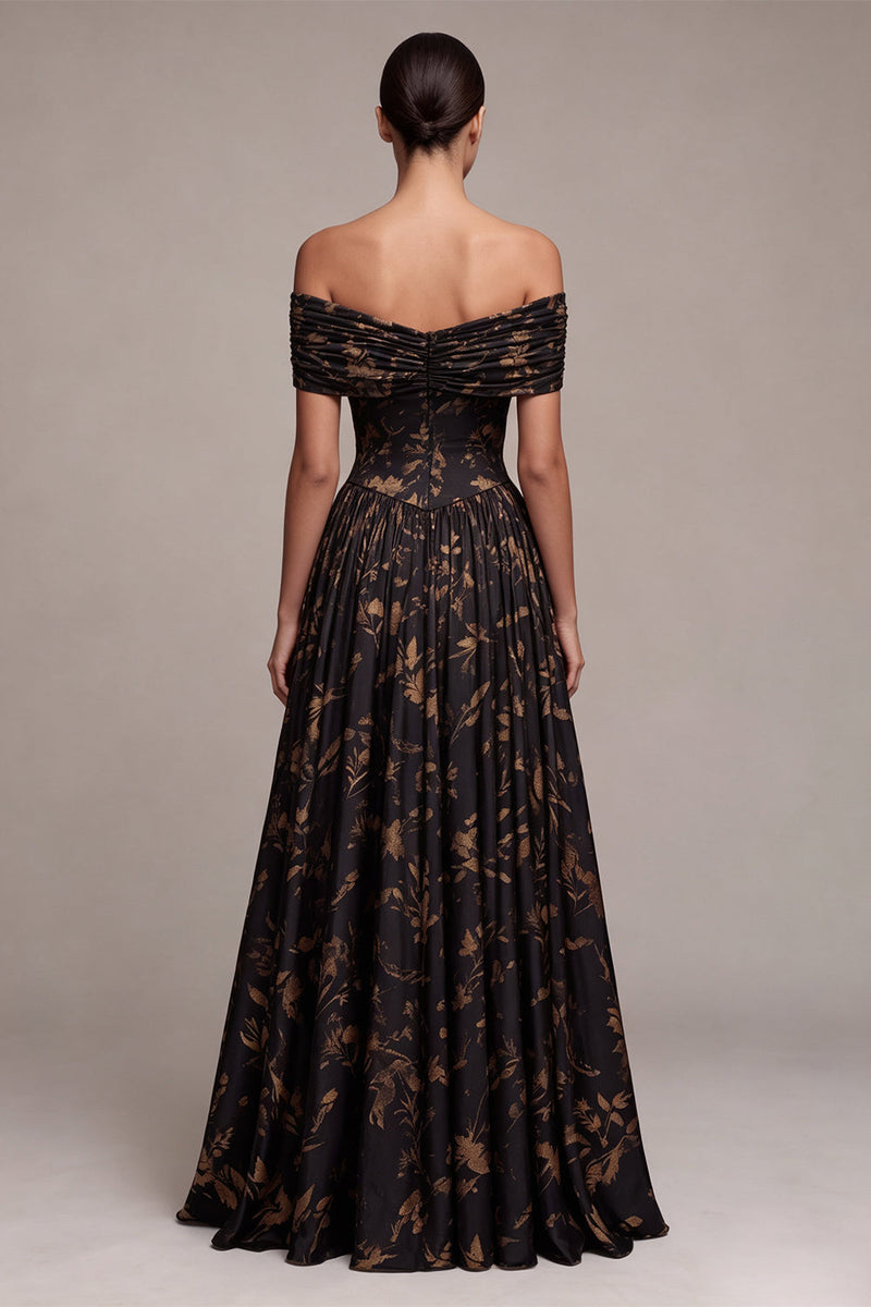 Load image into Gallery viewer, Floral A Line Black Off the Shoulder Ruched Long Formal Dress