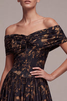 Load image into Gallery viewer, Floral A Line Black Off the Shoulder Ruched Long Formal Dress