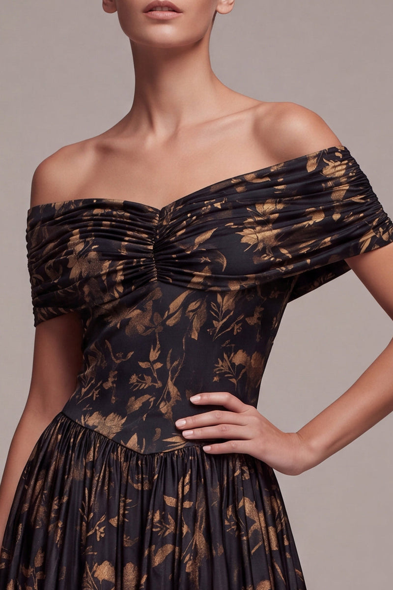 Load image into Gallery viewer, Floral A Line Black Off the Shoulder Ruched Long Formal Dress