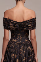 Load image into Gallery viewer, Floral A Line Black Off the Shoulder Ruched Long Formal Dress