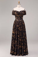 Load image into Gallery viewer, Floral A Line Black Off the Shoulder Ruched Long Formal Dress