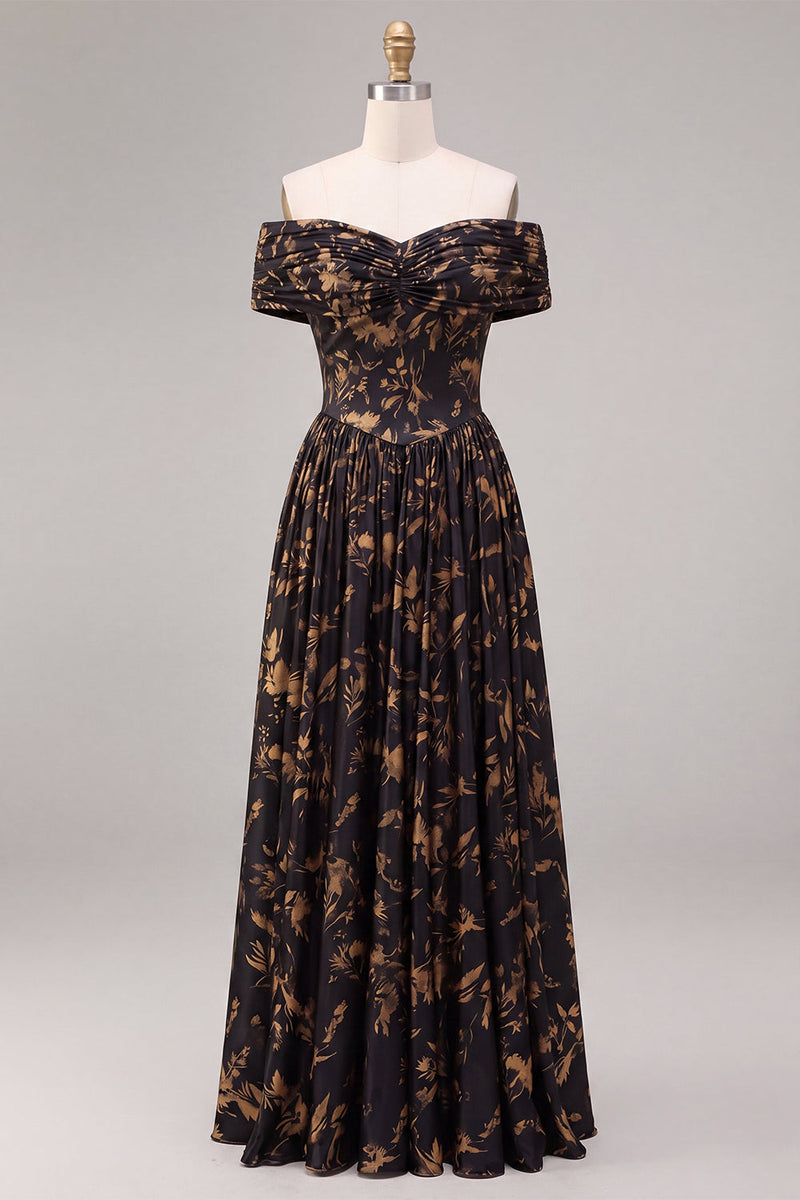 Load image into Gallery viewer, Floral A Line Black Off the Shoulder Ruched Long Formal Dress