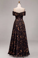 Load image into Gallery viewer, Floral A Line Black Off the Shoulder Ruched Long Formal Dress