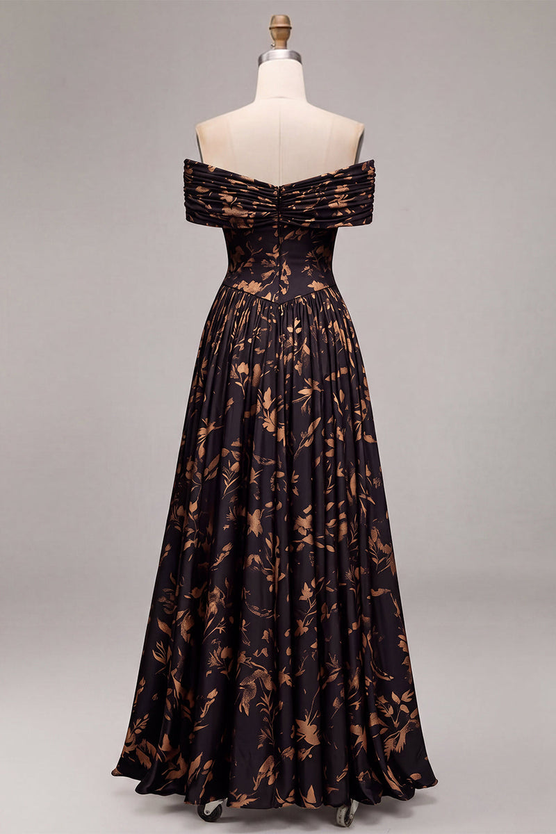 Load image into Gallery viewer, Floral A Line Black Off the Shoulder Ruched Long Formal Dress
