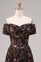 Load image into Gallery viewer, Floral A Line Black Off the Shoulder Ruched Long Formal Dress