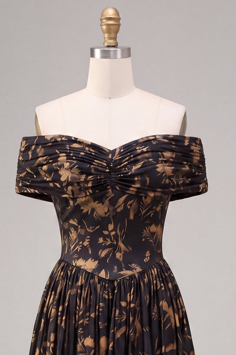 Load image into Gallery viewer, Floral A Line Black Off the Shoulder Ruched Long Formal Dress