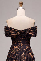 Load image into Gallery viewer, Floral A Line Black Off the Shoulder Ruched Long Formal Dress