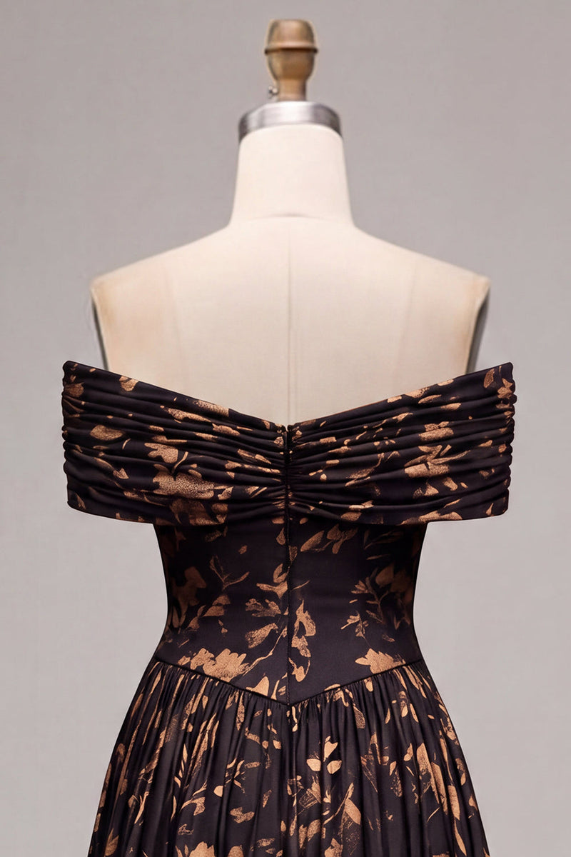 Load image into Gallery viewer, Floral A Line Black Off the Shoulder Ruched Long Formal Dress