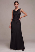 Load image into Gallery viewer, Simple Black Satin Cowl Neck Mermaid Long Formal Dress
