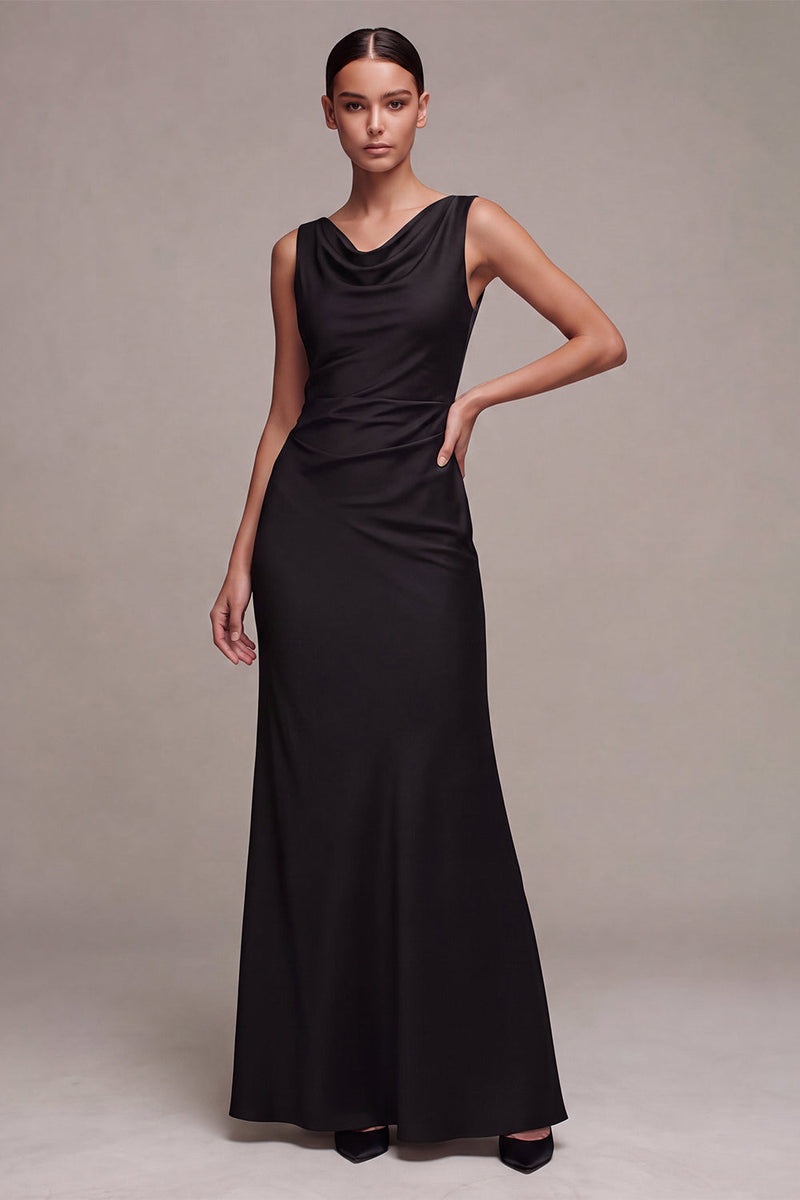 Load image into Gallery viewer, Simple Black Satin Cowl Neck Mermaid Long Formal Dress