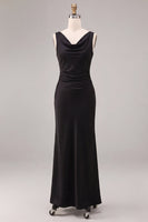 Load image into Gallery viewer, Simple Black Satin Cowl Neck Mermaid Long Formal Dress