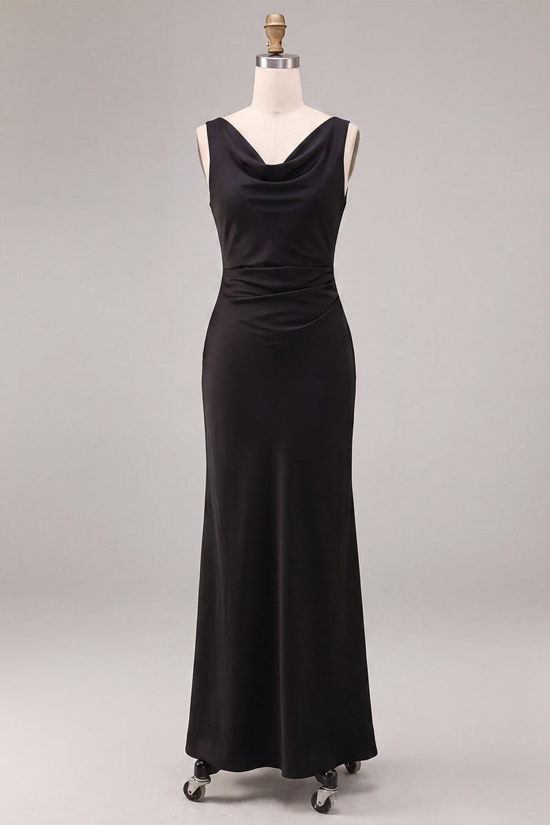 Load image into Gallery viewer, Simple Black Satin Cowl Neck Mermaid Long Formal Dress