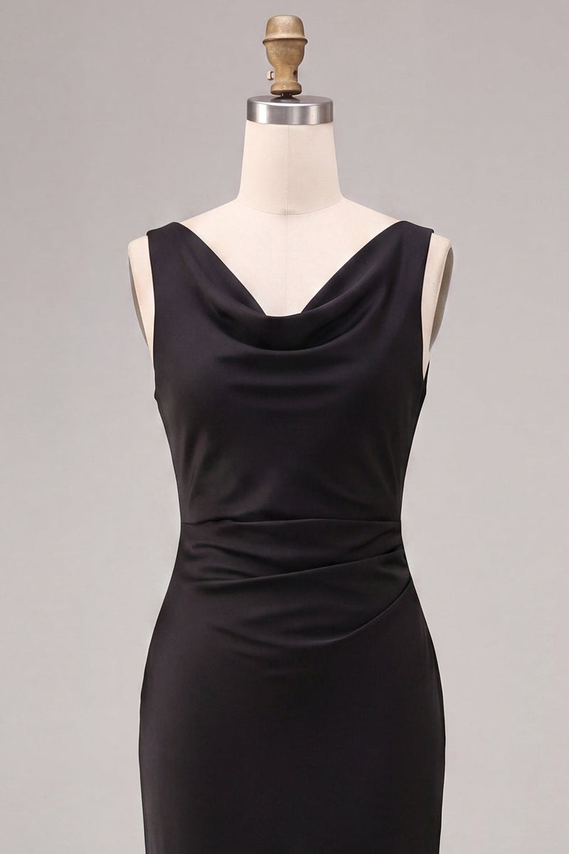 Load image into Gallery viewer, Simple Black Satin Cowl Neck Mermaid Long Formal Dress