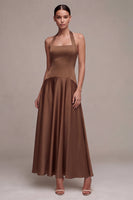 Load image into Gallery viewer, Simple A Line Satin Coffee Halter Neck Long Formal Dress