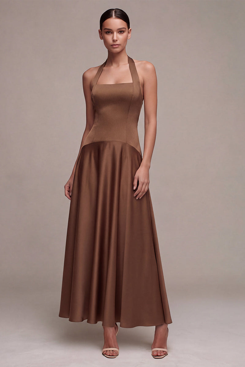 Load image into Gallery viewer, Simple A Line Satin Coffee Halter Neck Long Formal Dress