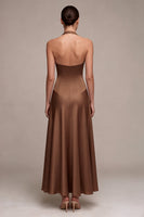 Load image into Gallery viewer, Simple A Line Satin Coffee Halter Neck Long Formal Dress
