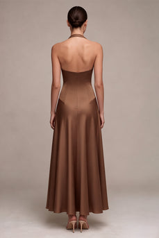 Simple A Line Satin Coffee Halter Neck Long Formal Dress