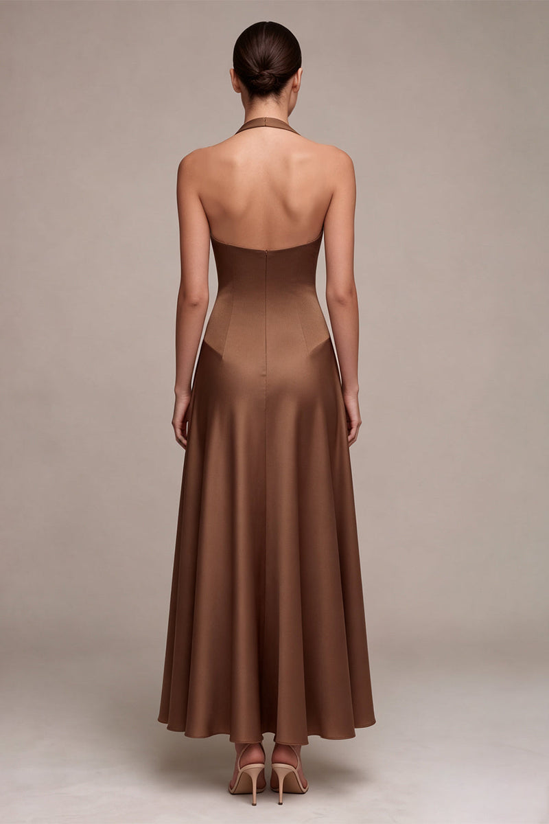 Load image into Gallery viewer, Simple A Line Satin Coffee Halter Neck Long Formal Dress