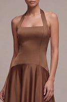 Load image into Gallery viewer, Simple A Line Satin Coffee Halter Neck Long Formal Dress