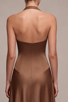 Load image into Gallery viewer, Simple A Line Satin Coffee Halter Neck Long Formal Dress