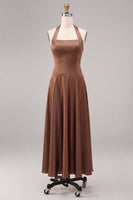 Load image into Gallery viewer, Simple A Line Satin Coffee Halter Neck Long Formal Dress