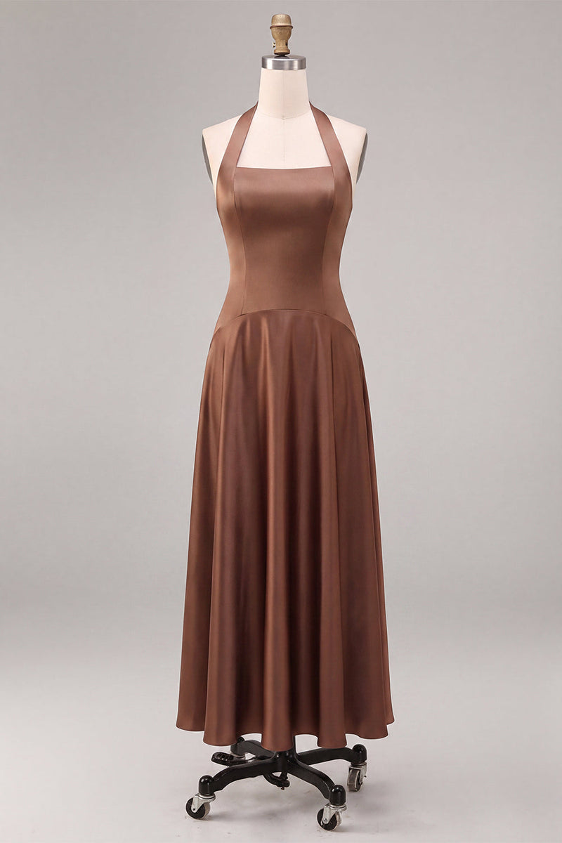 Load image into Gallery viewer, Simple A Line Satin Coffee Halter Neck Long Formal Dress