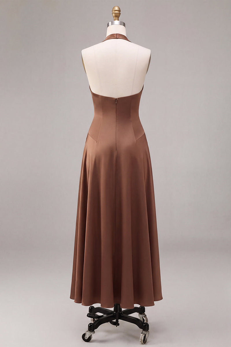 Load image into Gallery viewer, Simple A Line Satin Coffee Halter Neck Long Formal Dress