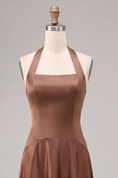 Load image into Gallery viewer, Simple A Line Satin Coffee Halter Neck Long Formal Dress