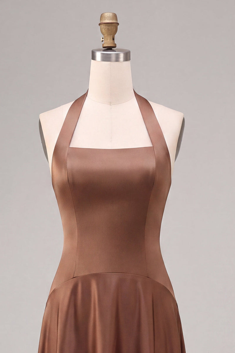 Load image into Gallery viewer, Simple A Line Satin Coffee Halter Neck Long Formal Dress