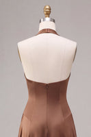 Load image into Gallery viewer, Simple A Line Satin Coffee Halter Neck Long Formal Dress
