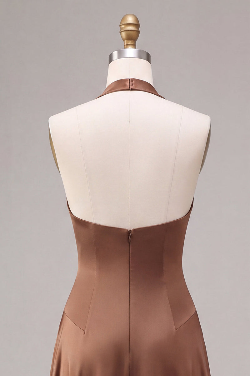 Load image into Gallery viewer, Simple A Line Satin Coffee Halter Neck Long Formal Dress