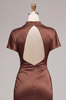 Load image into Gallery viewer, Coffee Mermaid Satin High Neck Long Formal Dress with Sleeves
