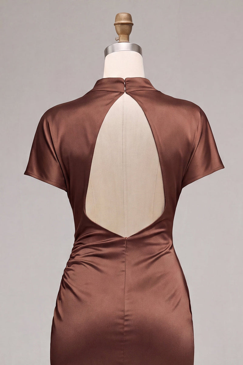Load image into Gallery viewer, Coffee Mermaid Satin High Neck Long Formal Dress with Sleeves