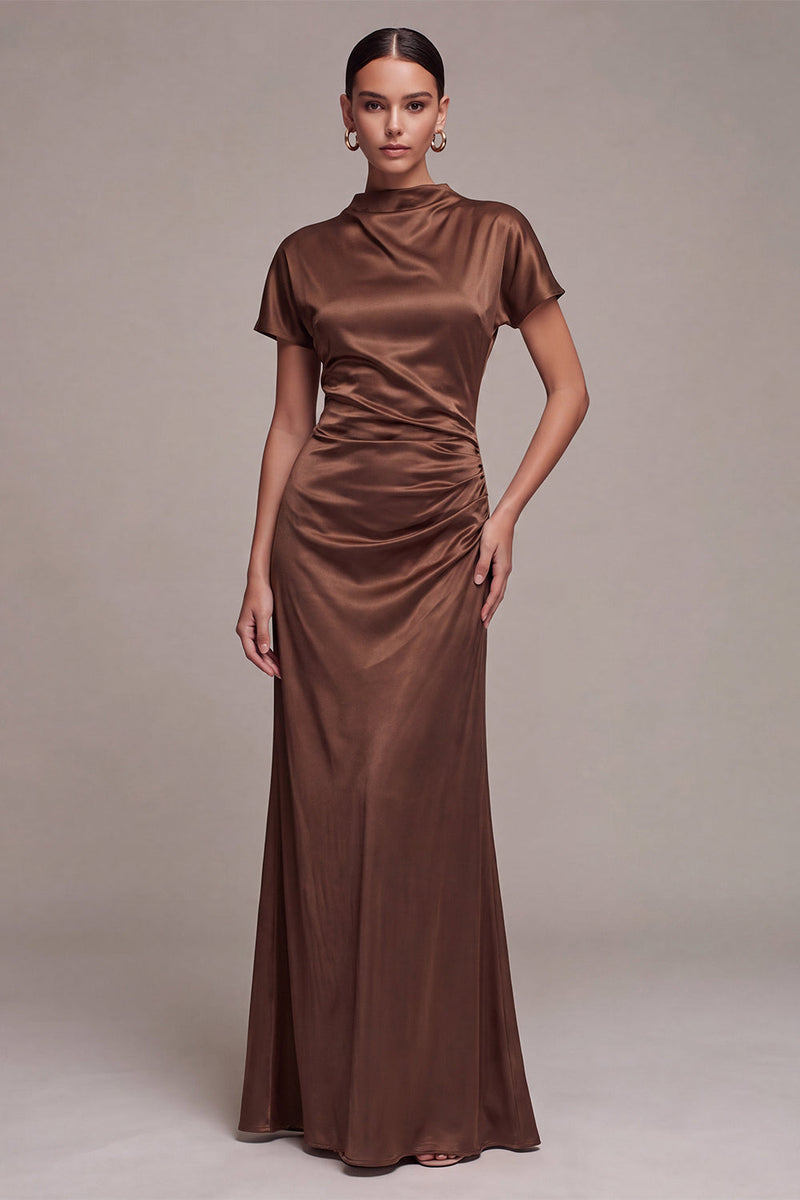 Load image into Gallery viewer, Coffee Mermaid Satin High Neck Long Formal Dress with Sleeves