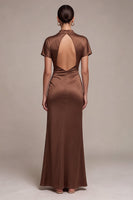 Load image into Gallery viewer, Coffee Mermaid Satin High Neck Long Formal Dress with Sleeves