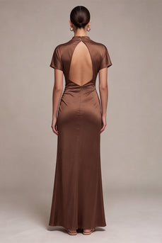 Coffee Mermaid Satin High Neck Long Formal Dress with Sleeves