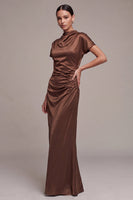 Load image into Gallery viewer, Coffee Mermaid Satin High Neck Long Formal Dress with Sleeves