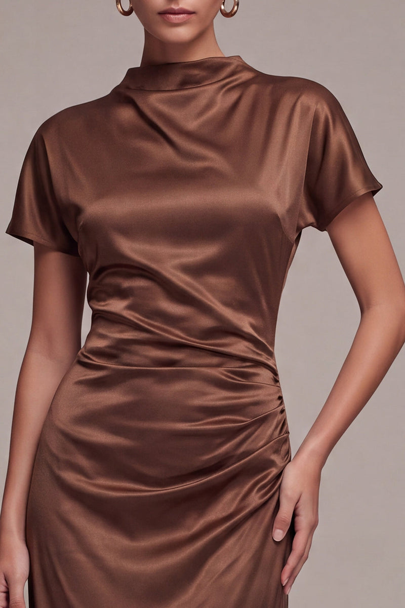 Load image into Gallery viewer, Coffee Mermaid Satin High Neck Long Formal Dress with Sleeves