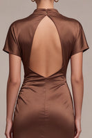 Load image into Gallery viewer, Coffee Mermaid Satin High Neck Long Formal Dress with Sleeves