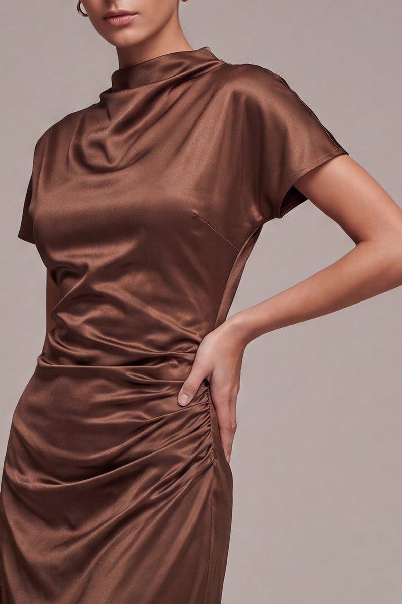 Load image into Gallery viewer, Coffee Mermaid Satin High Neck Long Formal Dress with Sleeves